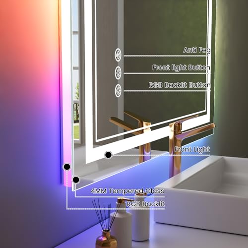 28x32 inch LED Bathroom Mirror with RGB Lights Color Changing Backlit Mirror Shatterproof Dimmable Anti-Fog Lighted Vanity Mirror (RGB Multicolor Backlit + Adjustable Front-Lighted)