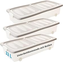 Sustania Unterbettkommode mit Rollen - Praktisches 3er-Set transparente Unterbett Aufbewahrungsboxen (80x40x17cm, 32L) mit geteiltem Deckel & Clip-Verschlüssen. Made in EU. Farbe: Transparent/Sand.
