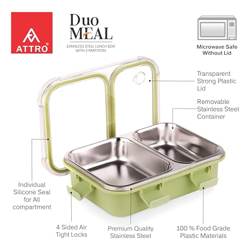 Image of ATTRO Duo Meal Stainless Steel Lunch Box with 2 Partition, Microwave Safe, Airtight Leakproof Silicone Seal Lid, BPA-Free Food Grade Tiffin Box for Office School Kids - 650ml - Green