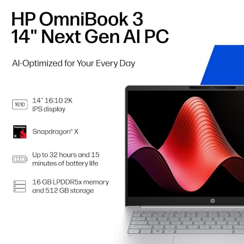 Image of HP OmniBook 3 14 inch Next Gen AI PC, 2K Display, Snapdragon X X1-26-100, 16 GB RAM, 512 GB SSD + Microsoft 365 Personal 12-Month Subscription Bundle
