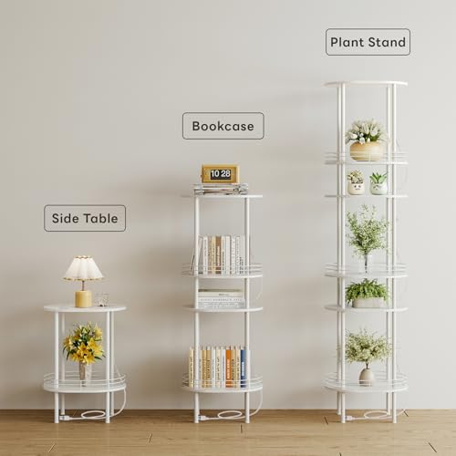 Image of Small Oval Side Table with Charging Station, 2-Tier White Round End Table | Narrow Nightstand with USB Ports and Outlets, Bedside Table for Small Space - Living Room, Bedroom, Nursery,(1PC,White)