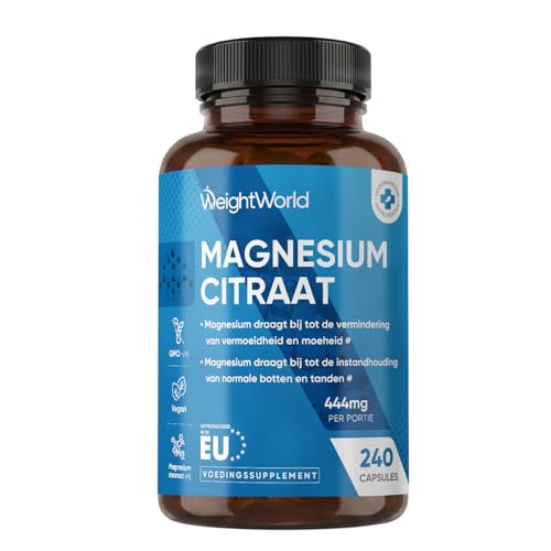 Magnesium Citraat capsules - 444 mg Elementair Magnesium - 1480 mg per portie - 240 capsules voor 4 maanden voorraad - Veganistisch en geproduceerd in de EU - Van WeightWorld