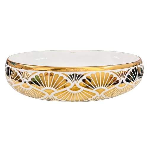 Image of Wallace Luxury Oval Table Top Wash Basin 60x40x15 cm | Premium Ceramic Countertop Vessel Sink with Gold Interior & Art Deco Pattern | Over Counter Designer Bathroom Basin