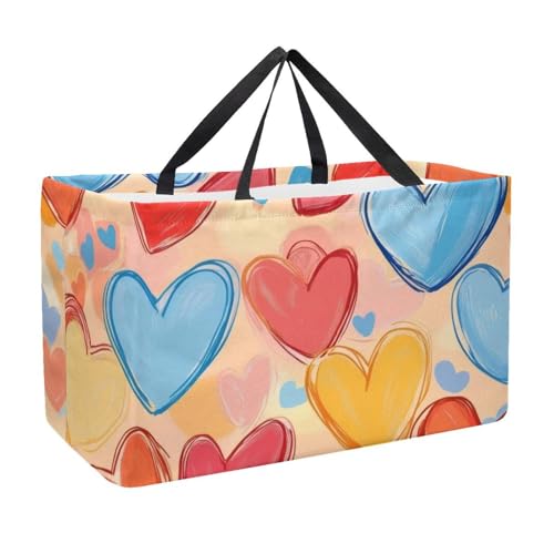 Bolsa de compras reutilizable, plegable, bolsa de asas de utilidad lavable, para picnic, camping – San Valentín crema corazones, Multicolor 03., 22.0x12.6x11.4 in/56x29x32 cm