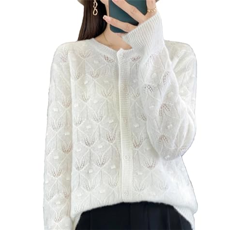 Knit Wool Cardigan for Women Long Sleeve Hollow Out Design Button Front Casual Soft Sweater Loose Fit Outerwear