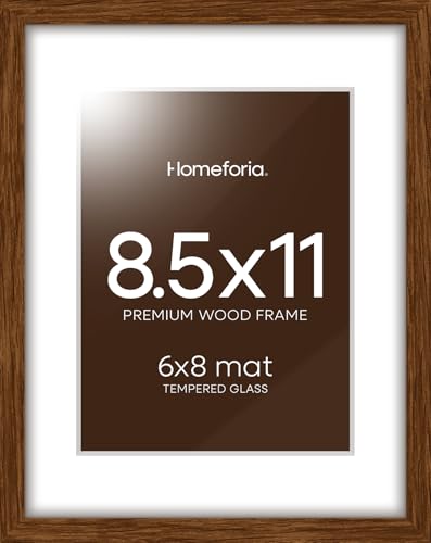 Image of Homeforia 8.5x11 Brown Oak Picture Frame, High-End Wood, 6x8 Mat, Glass | High End Solid Oak Wood, Tempered Glass, Acid-Free 6x8 Removable Mat, 8.5x11 Edge-to-Edge Display 11x8.5, Wall Kit, Set Of 2