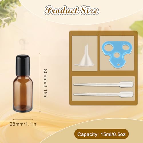 12 Pcs Essential Oil Roller Bottles Amber Glass Roller Bottles Refillable Cosmetic Vials Containers with Stainless Steel Roller Balls & Black Lid - 15ml/0.5oz2