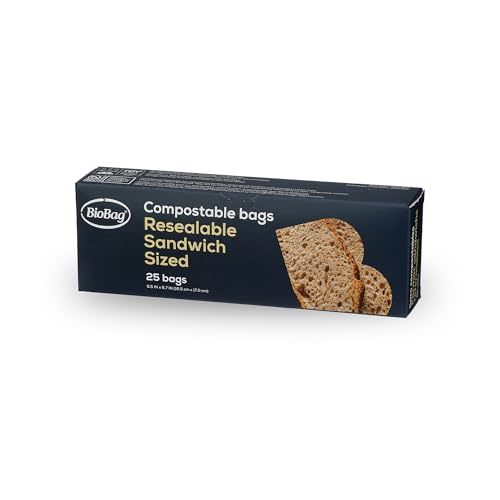 BioBag 100% Certified Compostable Resealable Sandwich Bags, 25 Count, Perfect for Lunches, Snacks, and On The Go Green