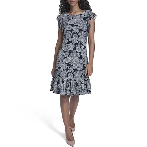 Image of Tommy Hilfiger Women's Sleeveless Crew Neck Double Ruffle Hem Jersey Shift Mini Dress