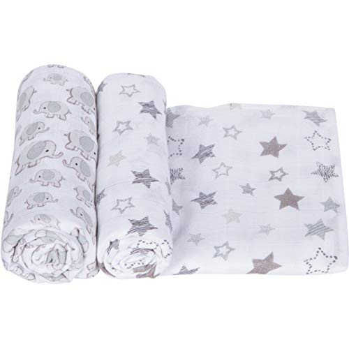 Image of Miracle Blanket Soft Muslin Swaddles Newborn Nursery Sleep Essential - Pack of 2 Warm Wraps (Grey Elephants & Grey Stars)