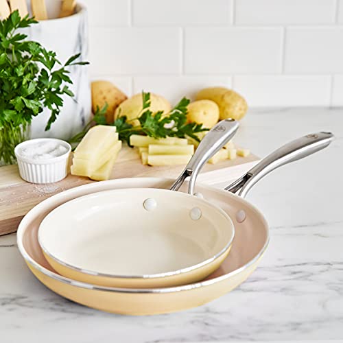 GreenLife Artisan Healthy Ceramic Nonstick, 8" and 10" Frying Pan Skillet Set, Stainless Steel Handle, PFAS-Free, Dishwasher Safe, Oven Safe, Yellow - Image 2