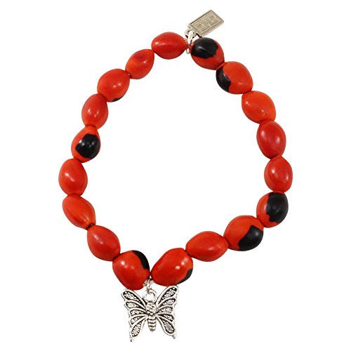 EVELYN BROOKS Silver Butterfly Charm Stretchy Adjustable Bracelet for Women-Symbol of Courage & Hope 6.5” - 7.5” w/Meaningful Good Luck Huayruro Seed Beads - Great Gifts