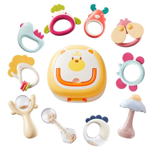 CrystCare Baby Rattles & Teethers Toys 10-Piece Set, Sensory Toys for 0-12 Months Newborn Infants,Developmental Baby Shower Gift with Gift Box for Boys and Girls(BPA Free)
