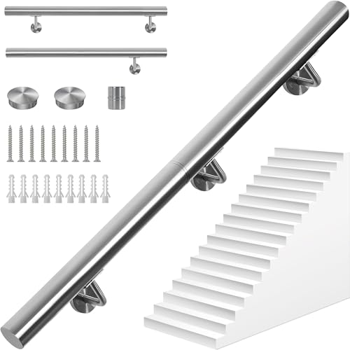 OUUTMEE 200CM Main Courante pour Escaliers en Acier Inoxydable, Rampe d'Escalier Murale avec Supports, Intérieure/Extérieure Main Courante pour Escaliers, Grenier, Porche, Garage et Terrasse (Argent)