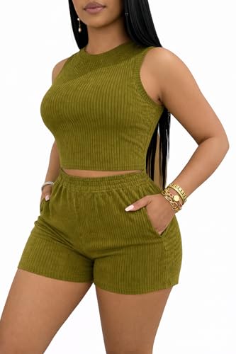 Kinivi Women’s 2 Piece Summer Short Set Ribbed Crop Tank