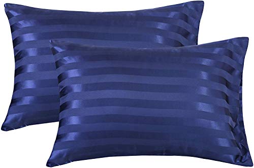 Lanest Housing Stripe Satin Kissenhülle für Haar und Haut, 2er-Pack, Q&K Gr. Modern Queen (20x30 inch) Marineblau gestreift Cover