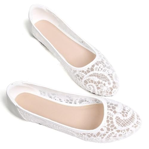 WENJIAZHIZHI Women's Ballets Flats Round Toe Foldable Lace Wedding Flats Comfortable Bridal Dressy Shoes2