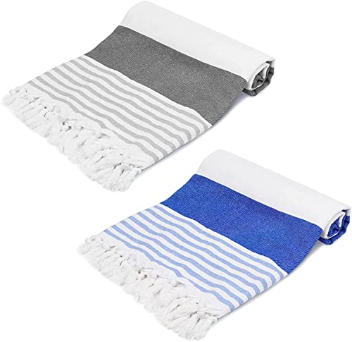 Strandtuch groß 90x180cm,MENOLY 2PCS XXL Hammam Badetuch 100% Baumwolle Absorbierendes, Schnell Trocknendes Reisehandtuch für Fitnessstudio, Yoga, Schwimmbad ,Damen und Herren(Blaue und graue) Cover