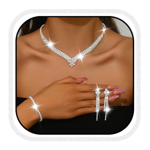 Zoestar Juego de joyas de cristal para novia, collar y aretes de diamantes de imitación plateados, juego de joyas de disfraz para mujer, talla única, /, No es una piedra preciosa