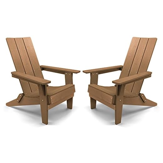 Modern Folding Adirondack Chair Set of 2 Plastic (Teak), 1s Expand/Store Upgrade Unlocked Weather-Resistant, Poly Lumber Outdoor Chairs Stacked, Widely Used in Outside Patio, Lawn, Deck, Garden Chairs