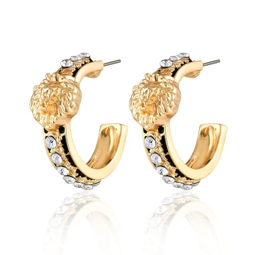 Women's Lion Hoop Stud Earrings with Black Enamel Hip Hop Cocktail Costume Animal Party Jewelry (Gold)