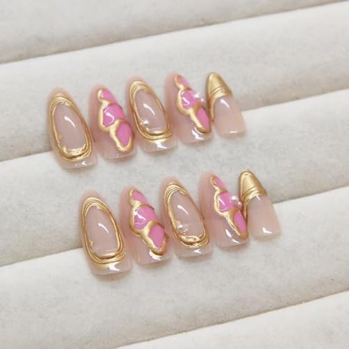 Image of Flower Press on Nails French Tip Fake Nails with 3D Gold Design Butterfly Glue on Nails Artificial Acrylic Nail Full Cover Medium Almond False Nude Stick on Nails for Women Manicure 24Pcs