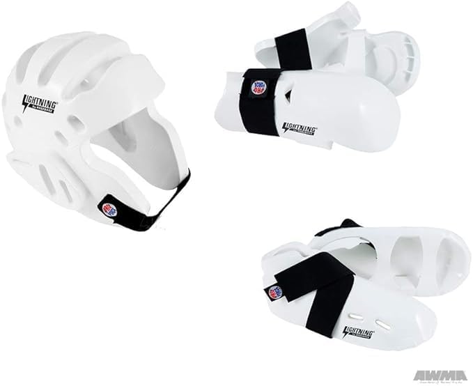 Lightning Karate Martial Arts Sparring Deluxe 6 Piece Package Deal w/Ultra Lightning Kicks & Free Mouthpiece (White, Adult XLarge)