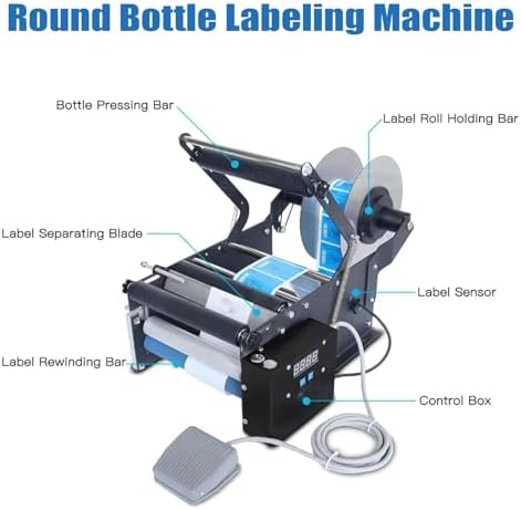 36W Semi-Automatic Label Applicator, Adjustable Sticker Dispenser for 20-100mm Round Labels, Ideal for Plastic & Metal Bottles, Efficient Labeling Solution, Tb16p