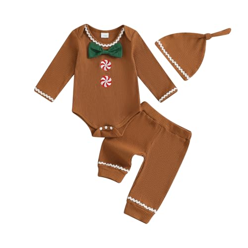 KMBANGI Newborn Infant Baby Boy Gingerbread Outfits Long Sleeve Knitted Romper Ribbed Pants with Hat 3Pcs Christmas Clothes (Dark Khaki 3-6 Months)