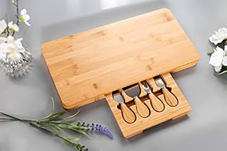 HomeZone Natural Bamboo Cheese Board with Knife Set - Large Eco-Friendly Knives Serving Platter with Knife Drawer Plate Set - Strong Kitchen Serving Tray for Bread, Vegetables or Meats Cutting Surface