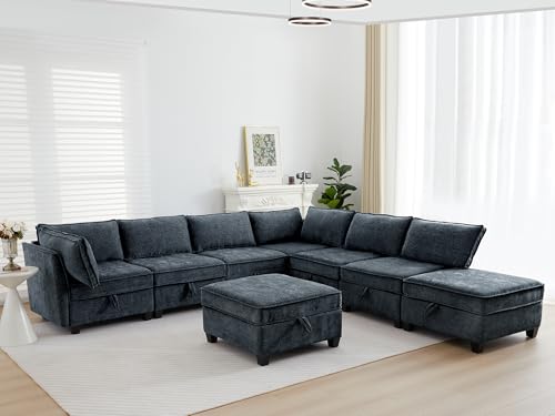 Image of ORRD Oversize Corner Modular Sectional Sofa Set, Convertible L Shaped Couch with Storage, 8 Seater Sofa Modular with Ottomans and Reversible Chaise for Living Room, Office (Blue Grey)