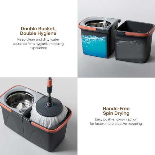 Image of BonKaso Twin Spin Mop Set | 1 Bucket, 1 Handle & 2 Microfiber Mop Heads with Stainless Steel Wringer | 360 Easy Floor Cleaning for Home & Office