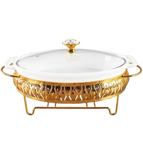 jinsongdafa Cacerola de cerámica con tapa de vidrio y estante, 1.3 cuartos de galón, plato de frotamiento para bufé, bandeja de conservación de alimentos familiares, cacerola de catering para estilo