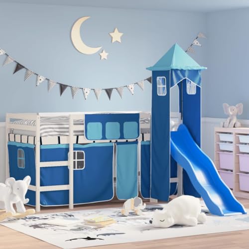 KLYEON Cama Alta para niños con Torre Madera Pino Azul 90x190 cm,Cama Alta Infantil de Madera Maciza: Aventura y Almacenamiento en un Mismo Espacio Camas y somieres
