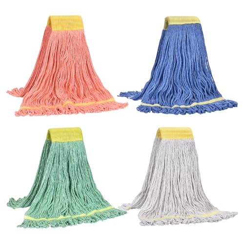 Image of Matthew Cleaning Heavy Duty Mop Head Replacement, 5 Inch Wide Headband, Color Coded Looped End Cotton String Wet Mops for Floor Cleaning, Large Size 24 oz, 4 Pack
