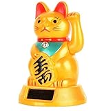 Monkey King Gold Japanese Maneki Neko Solar Powered Feng Shui Lucky Beckoning Waving Cat 5-inch Tall