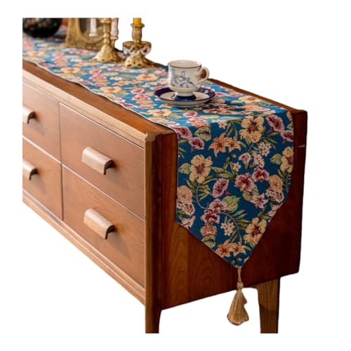 Camino para Mesa Mantel con Bandera De Mesa China con Borlas Florales para Mesa De Comedor Y Aparador - Azul - 30*220CM