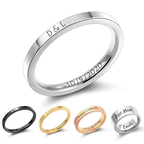 MMXX Bagues 2MM/4MM/8MM Personnalisées en Acier Inoxydable Gravure Personnalisée Nom Date Alliances Simples Bague de Fiançailles Polie Miroir pour Femmes...