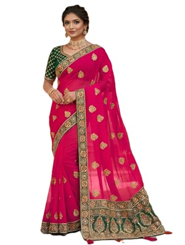 Image of Women's Bollywood Heavy Sequins Embroidery Work Georgette Saree with Unstitched Blouse