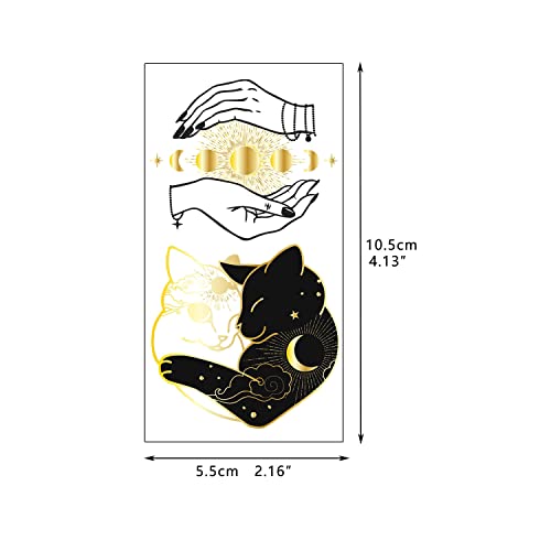 9 Sheets Black Small Temporary Tattoo, Hands Face Tattoo Sticker For Men Women, Metallic Gold Silver Flower Space Moon Snake Cat Diamond Designs On Arm Neck Shoulder Clavicle Waterproof #TOP3