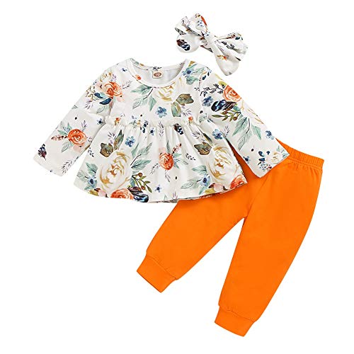 BOBORA Ensemble Bébé Fille, 3PCs Vêtements Bébé Fille Enfants T-Shirt à Fleurs à Manches Longues + Pantalon en Coton + Bandeau 0-4Ans