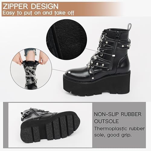 Women's Fashion Goth Boots,Black Chunky Platform Combat Ankle Booties Zipper Punk Boots Mid Calf Boots for Women4