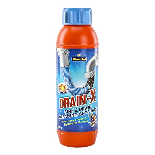 Silver Pot Drain Opener & Cleaner 500g Sink and Drain Cleaning Crystals for Kitchen and Bathroom Drains Powerful Pipe Cleaner for Grease Hair and Soap Build Up Fast Acting Multi Use Formula
