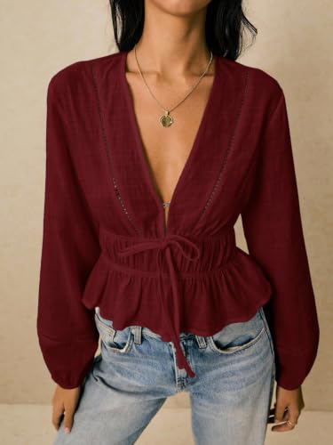 Image of Shasmi Women's Solid Deep V Neck Cotton Long Bishop Sleeve Drawstring Waist Ruffle Hem Peplum Top | Blouse | Casual Boho Cottagecore Shirt for Office, Vacation & Daily (Top 304)