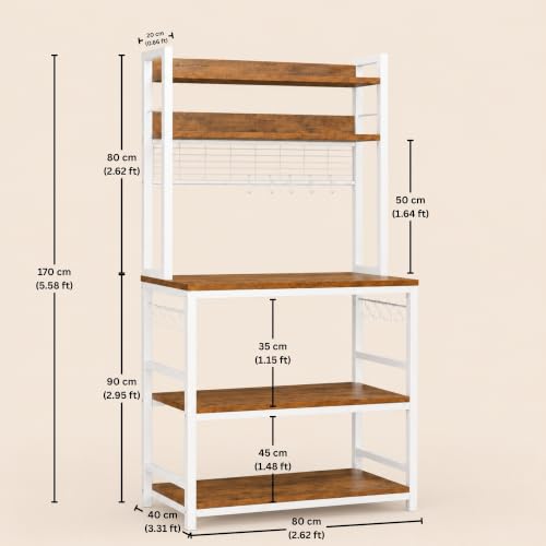 Image of 5-Tier Kitchen Organizer Rack-Multipurpose Microwave Stand for Kitchen Platform & OTG Oven-Steel Utensils Storage Shelf with Hooks - Engineered Wood & Metal Rack for Home- 80x40x170 cm - White /Brown
