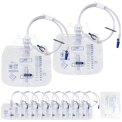 10 Stück Urindrainagesystem, Urinbeutel 2000ml mit Anti Reflux Ventil und T-Ablass, Urindrainagebeutel mit 120cm Schlauch (10)