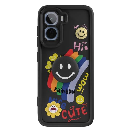 Image of Pikkme Back Cover for Vivo T5 Pro 5G | Soft Silicone| Cute Rainbow Smile & 3D Cartoon Flower Design | Shockproof Raised Camera Protection Bumper Case (Black)