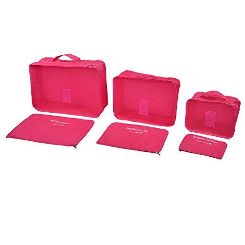 Ruilogod Ropa de viaje Clasificación Bolsa de almacenamiento Pouch Equipaje Organizador 6 en 1 Fucsia