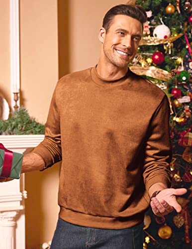 Coofandy Men's Plain Crew-Neck Sweatshirt Vintage Aesthetic Sweatshirts Fitted Pullover Brown #TOP1