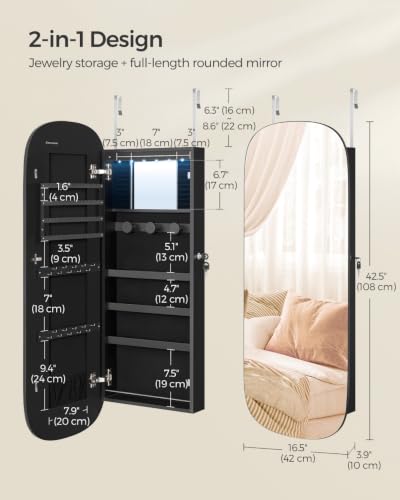 Image of SONGMICS Jewelry Organizer, LED Jewelry Cabinet Wall /Door Mounted, Lockable Rounded Wide Mirror with Storage, Interior Mirror, 3.9 x 16.5 x 42.5 Inches, Black Surface with Black Lining